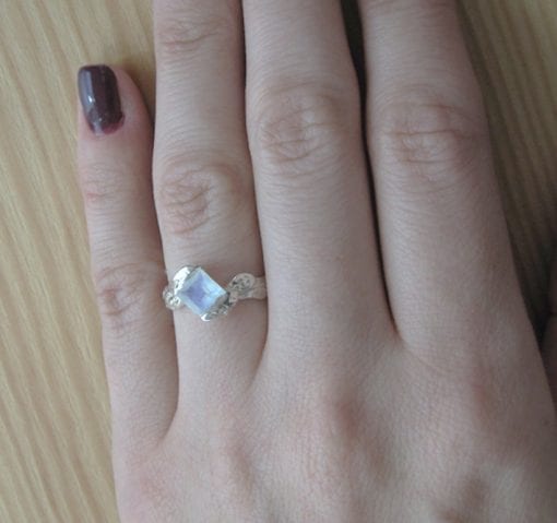 Moonstone Leaf Engagement Ring, Princess Cut Moonstone Leaves Engagement Ring
