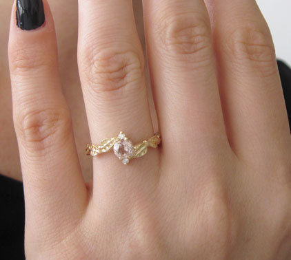 Morganite Leaf Engagement Ring, Gold Leaves Morganite Engagement Ring