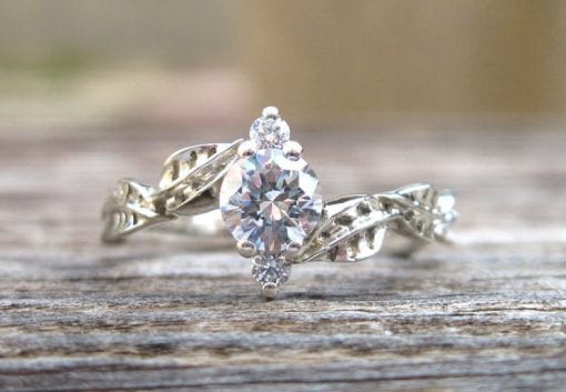 Natural White Sapphire Leaf Engagement Ring, Natural Leaf Engagement Ring