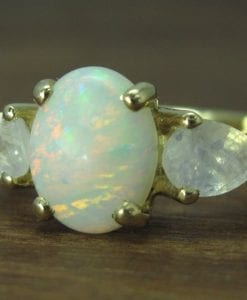 Opal And Moonstone Engagement Ring, Opal Three Stone Engagement Ring