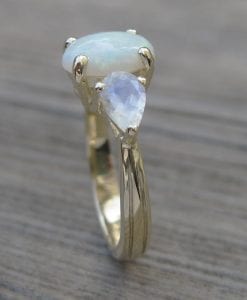 Opal And Moonstone Engagement Ring, Opal Three Stone Engagement Ring