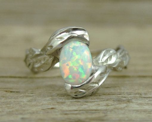 Opal Engagement Ring, Oval Opal Leaves Engagement Ring