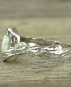 Opal Engagement Ring, Oval Opal Leaves Engagement Ring