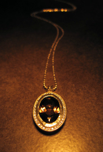 Oval smoky quartz pendant pave set in sterling silver, silver smokey quartz necklace in silver