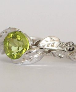 Peridot Engagement Ring, Leaves Engagement Ring With Peridot