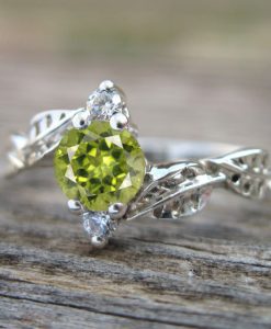 Peridot Leaf Engagement Ring, Leaves Engagement Ring