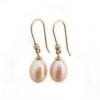 Pink drop Pearl Gold Earrings, Yellow Gold Wedding Earrings With Pearl