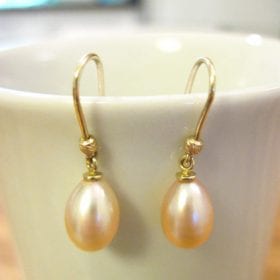 Pink drop Pearl Gold Earrings, Yellow Gold Wedding Earrings With Pearl