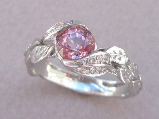 Pink Sapphire Leaves Engagement Ring, Leaf natural Pink Sapphire Engagement Ring