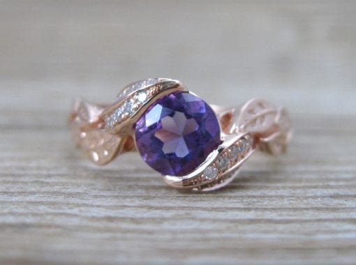 Purple Amethyst Rose Gold Engagement Ring, Leves Engagement Ring