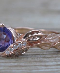 Purple Amethyst Rose Gold Engagement Ring, Leves Engagement Ring