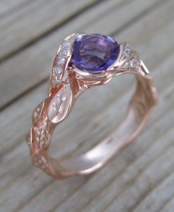 Purple Amethyst Rose Gold Engagement Ring, Leves Engagement Ring