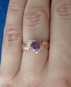 Purple Amethyst Rose Gold Engagement Ring, Leves Engagement Ring