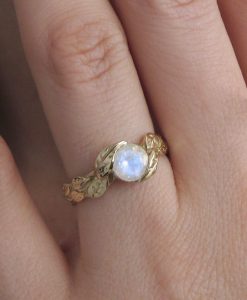 Rainbow Moonstone Leaves Engagement Ring, Leaf Ring With Moonstone