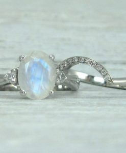 Rainbow Moonstone Ring Set, Antique Moonstone Engagement Ring Set
