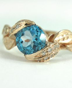 Rose Gold Blue Topaz Engagement Ring, Rose Gold Diamond Leaf Engagement Ring