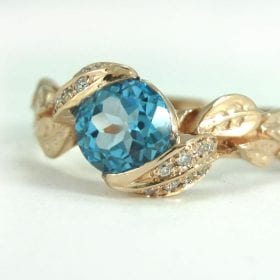 Rose Gold Blue Topaz Engagement Ring, Rose Gold Diamond Leaf Engagement Ring