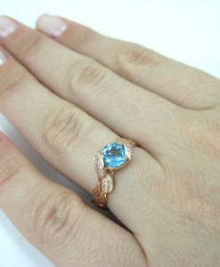 Rose Gold Blue Topaz Engagement Ring, Rose Gold Diamond Leaf Engagement Ring