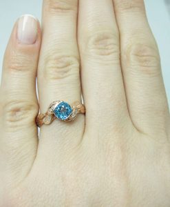 Rose Gold Blue Topaz Engagement Ring, Rose Gold Diamond Leaf Engagement Ring