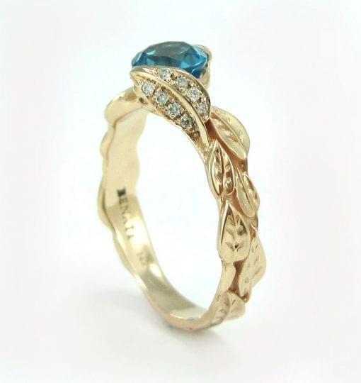 Rose Gold Blue Topaz Engagement Ring, Rose Gold Diamond Leaf Engagement Ring