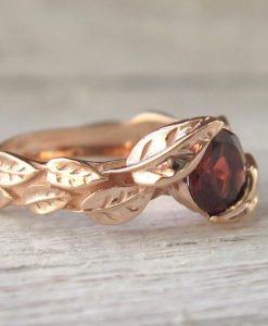 Rose Gold Garnet Leaf Engagement Ring, Garnet Leaves Engagement Ring