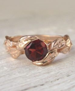 Rose Gold Garnet Leaf Engagement Ring, Garnet Leaves Engagement Ring