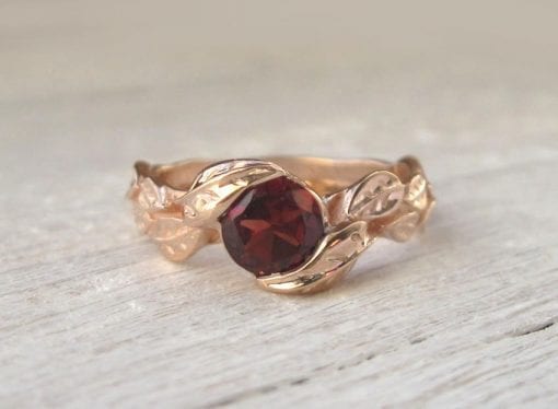 Rose Gold Garnet Leaf Engagement Ring, Garnet Leaves Engagement Ring