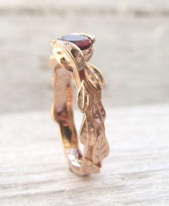 Rose Gold Garnet Leaf Engagement Ring, Garnet Leaves Engagement Ring