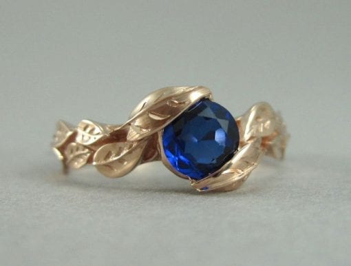 Rose Gold Leaf Engagement Ring, Rose Gold Leaves Sapphire Engagement Ring