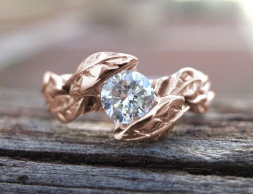 Rose Gold Moissonite Engagement Ring, Leaves Moissanite Engagement Ring