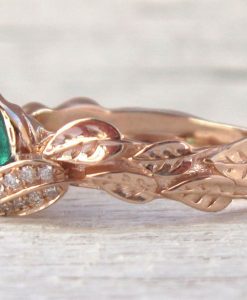 Rose Gold natural Emerald Leaf Ring, Leaves Engagement Ring