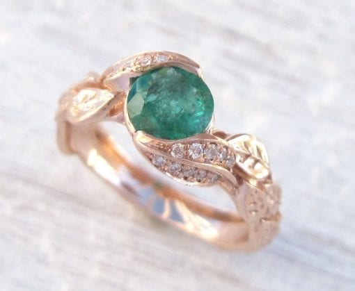 Rose Gold natural Emerald Leaf Ring, Leaves Engagement Ring