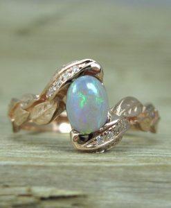 Rose Gold Opal Engagement Ring, Rose Gold Leaf Engagement Ring With Opal