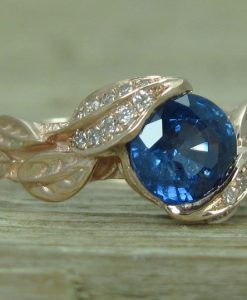 Rose Gold Sapphire Engagement Ring, Leaf natural Sapphire Engagement Ring