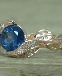 Rose Gold Sapphire Engagement Ring, Leaf natural Sapphire Engagement Ring