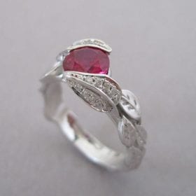 Ruby Leaf Ring, Ruby And Diamond Leaf Engagement Ring