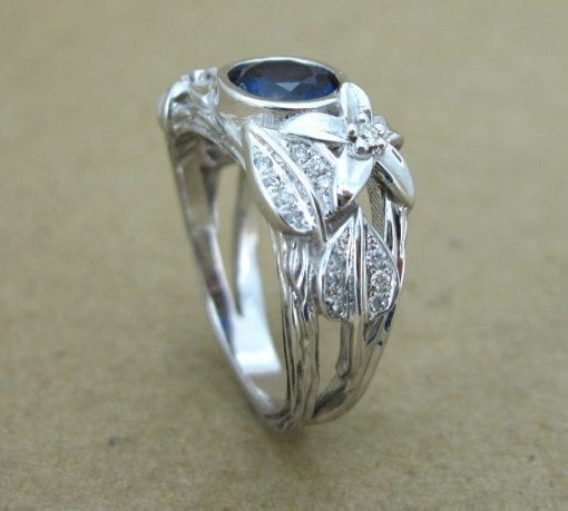 Sapphire Engagement Ring, Leaf Engagement Ring