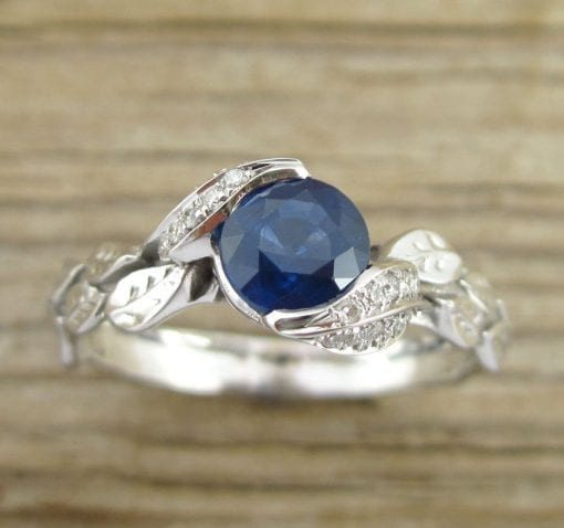Natural Sapphire Engagement Ring, White gold Leaf Natural Sapphire ...