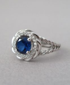 Sapphire Halo Engagement Ring, Sapphire Braided Rope Engagement Ring