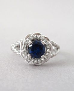 Sapphire Halo Engagement Ring, Sapphire Braided Rope Engagement Ring