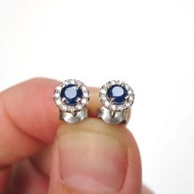 Sapphire solid gold stud earrings, Sapphire diamond stud earrings