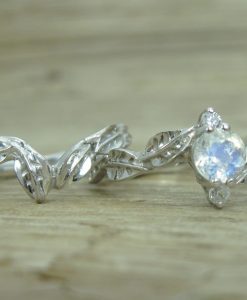 Wedding Set with Moonstone Leaf Engagement Ring, Bridel Set Leaf Ring