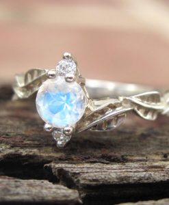 Wedding Set with Moonstone Leaf Engagement Ring, Bridel Set Leaf Ring