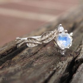 Wedding Set with Moonstone Leaf Engagement Ring, Bridel Set Leaf Ring