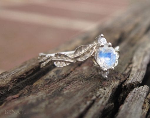 Wedding Set with Moonstone Leaf Engagement Ring, Bridel Set Leaf Ring
