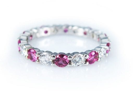 White Gold Diamond Eternity Band, Pink Sapphire Diamond Eternity Ring