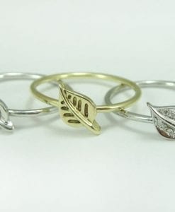 White gold leaf stacking ring with diamonds, Leaves gold ring with diamonds