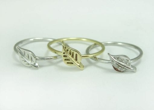 White gold leaf stacking ring with diamonds, Leaves gold ring with diamonds