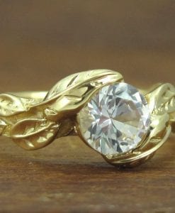 White Sapphire Leaves Engagement Ring, Yellow Gold Engagement Leaf Ring