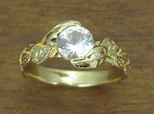 White Sapphire Leaves Engagement Ring, Yellow Gold Engagement Leaf Ring